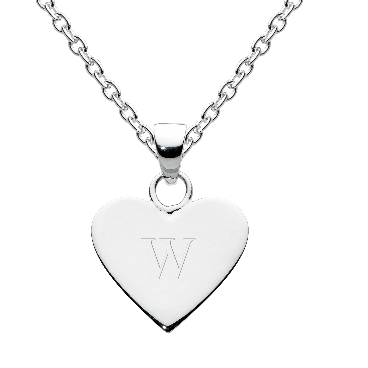Silver heart-shaped pendant with 'W' engraving on a white background