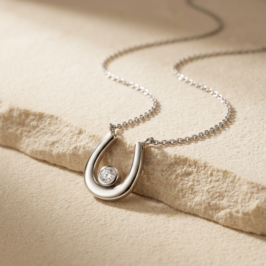 Cubic Zirconia Horseshoe Silver Necklet on a beige textured surface