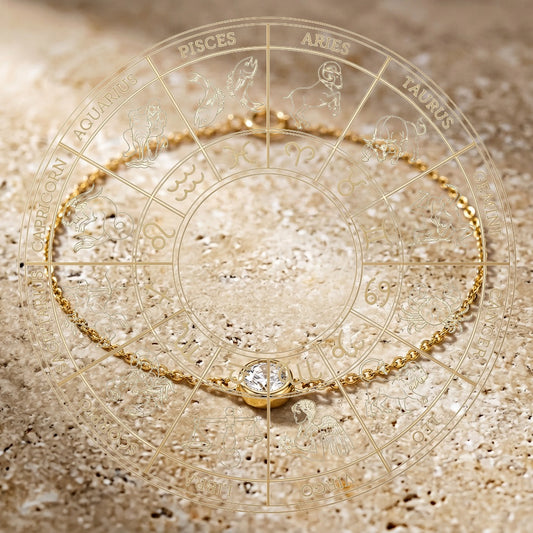 Gold bracelet with a diamond on an astrological chart background