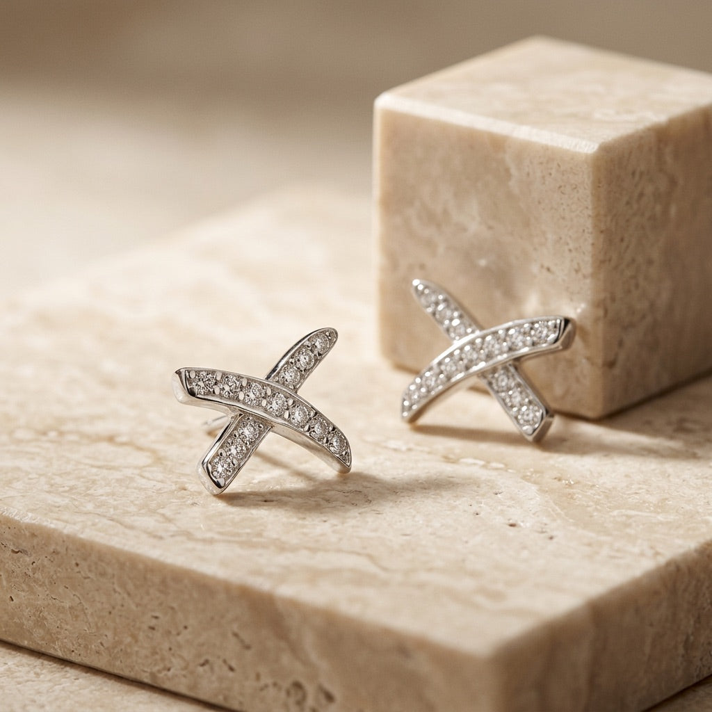 Kiss Shaped Cross Earrings with Cubic Zirconia