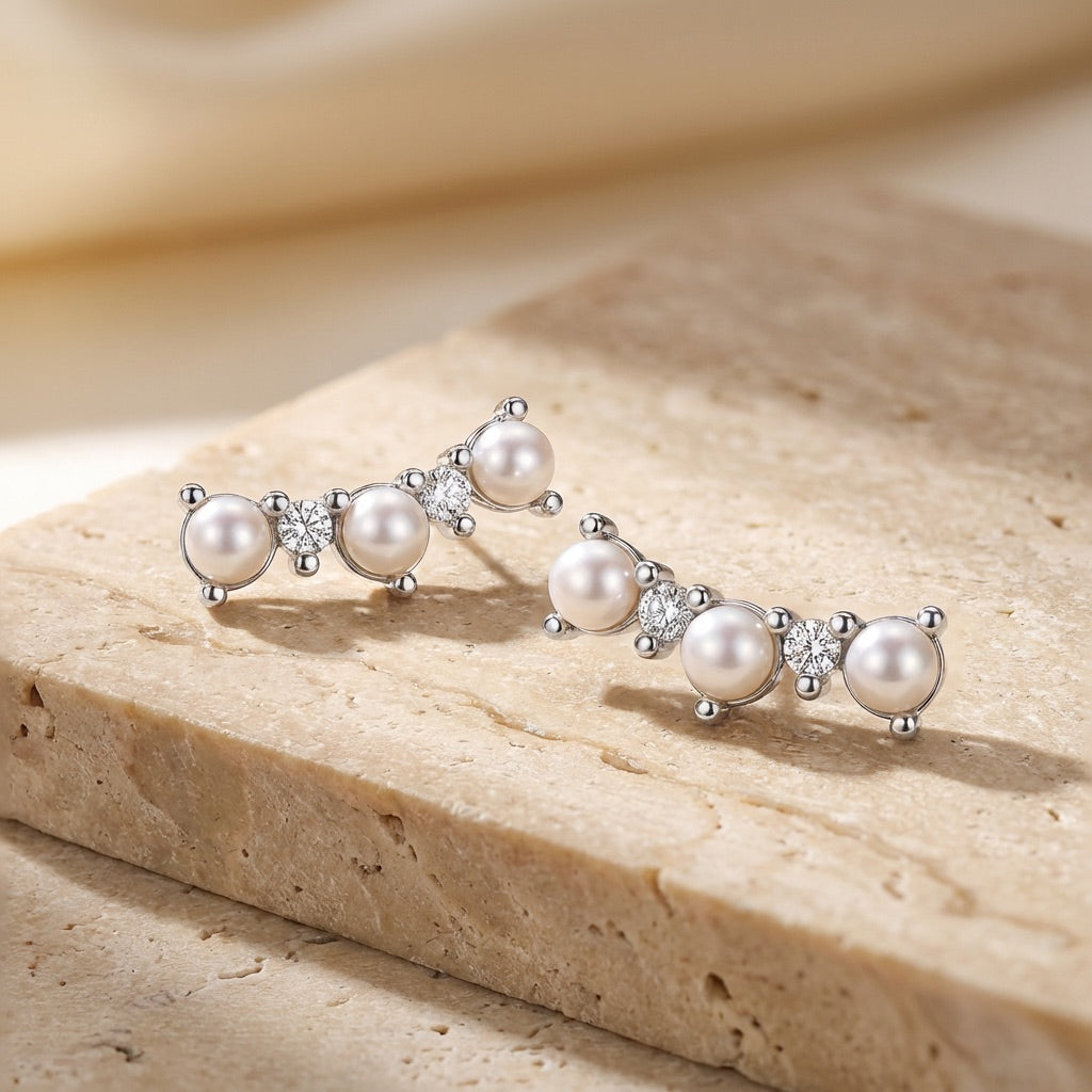 Curved Freshwater Pearl and Cubic Zirconia Crawler Earrings