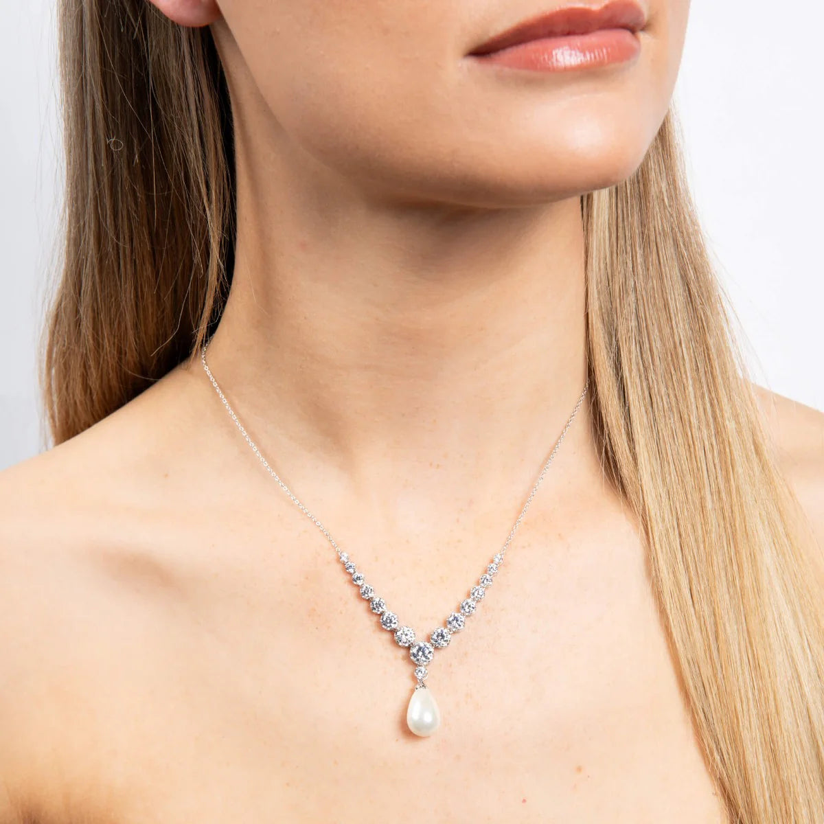 Statement Zirconia Lined Necklace with Shell Pearl Drop