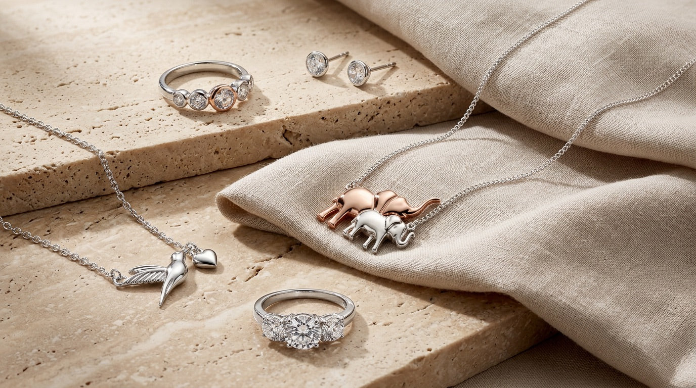 Mother’s Day jewellery collection featuring sterling silver rings, stud earrings and meaningful necklaces including a hummingbird charm and mum and baby elephant pendant styled on natural stone.