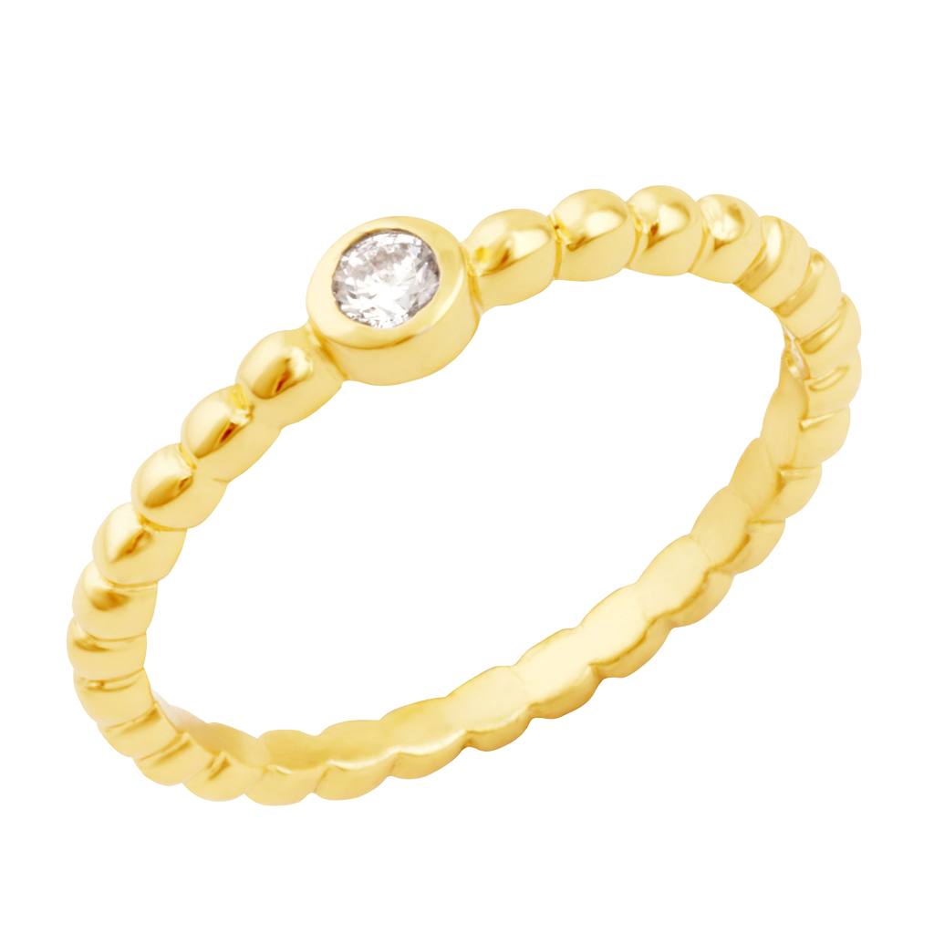Gold ring with a central diamond on a white background