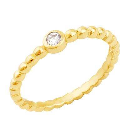 Gold ring with a central diamond on a white background