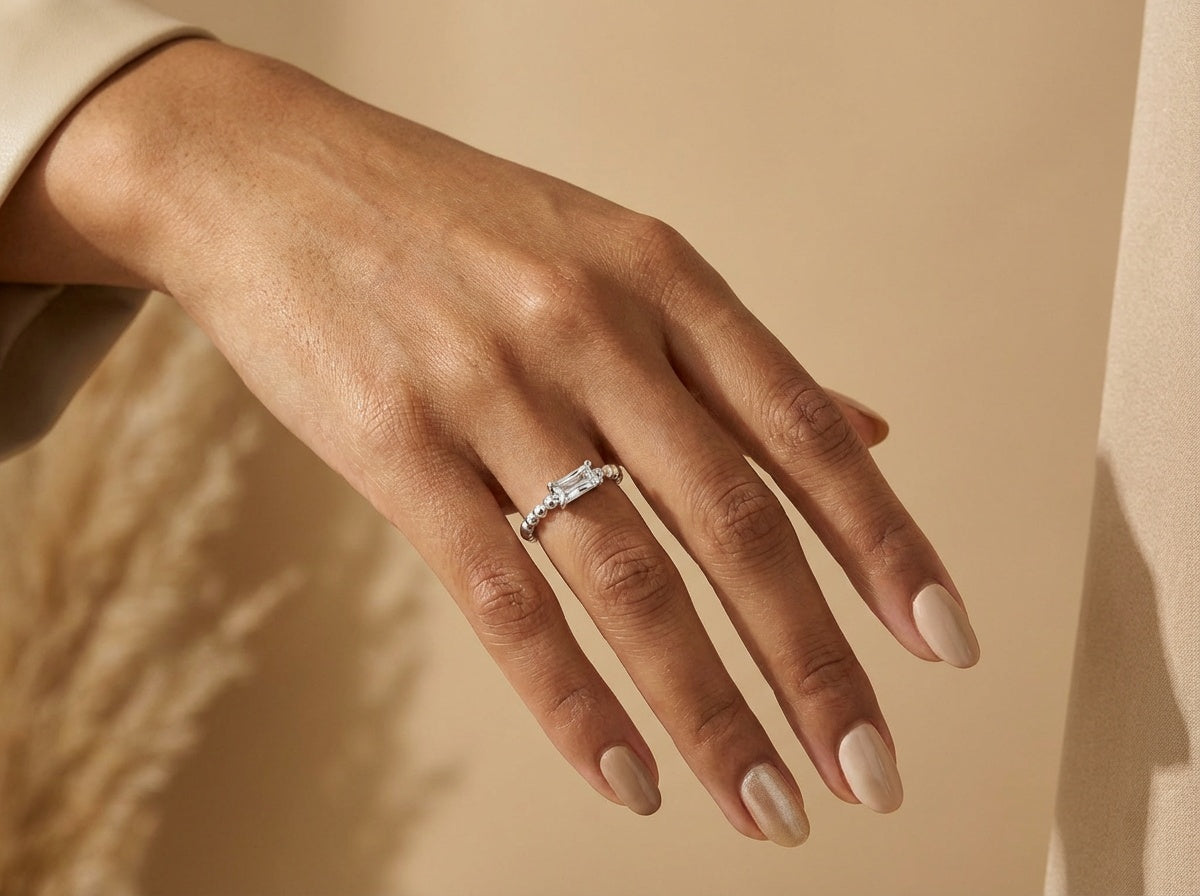Baguette Cubic Zirconia Mini Beaded Ring