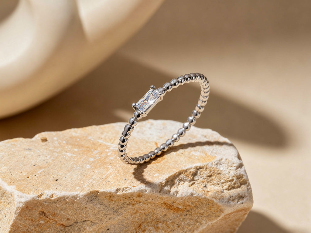 Baguette Cubic Zirconia Mini Beaded Ring