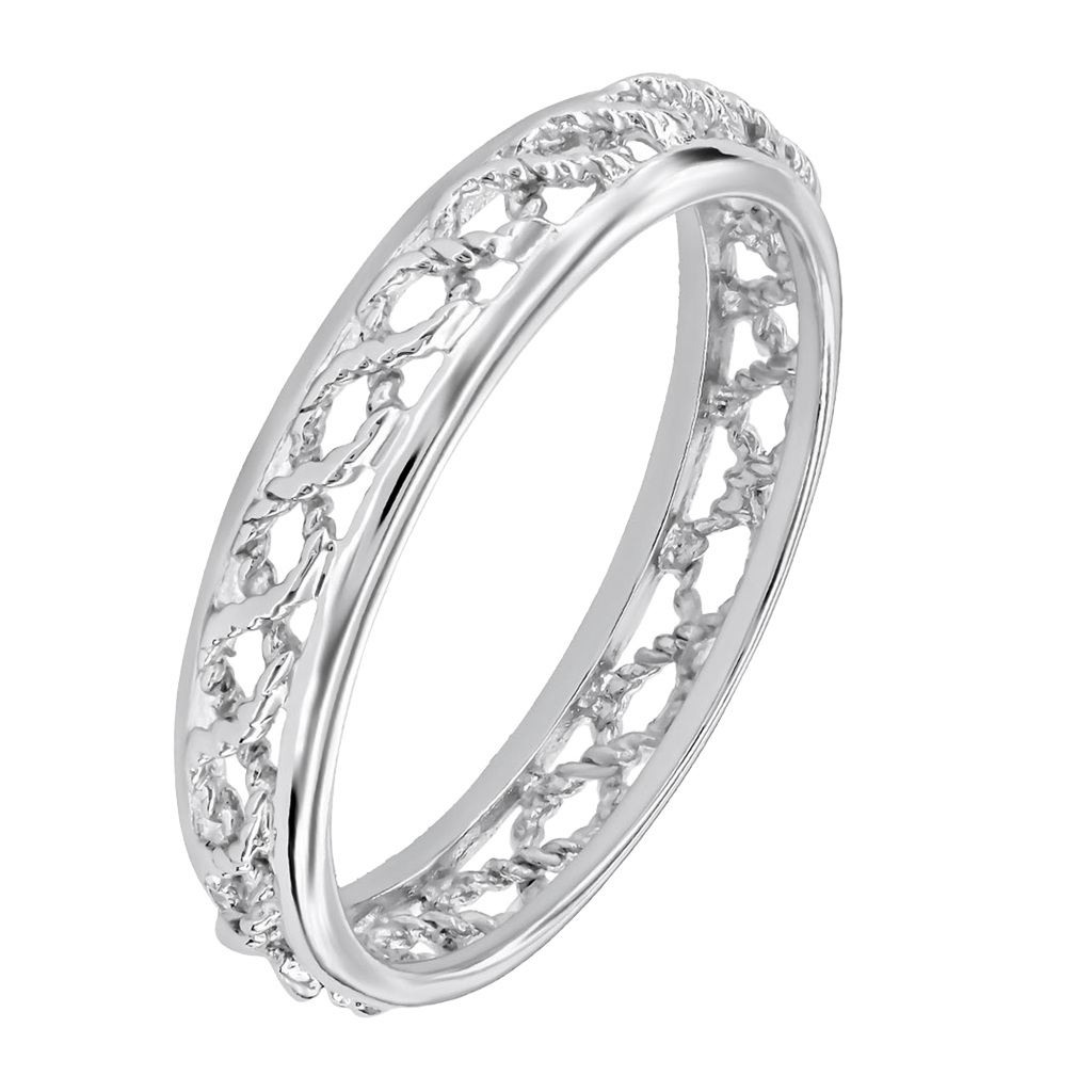 Silver ring with intricate design on a white background