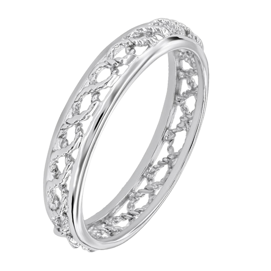 Silver ring with intricate design on a white background