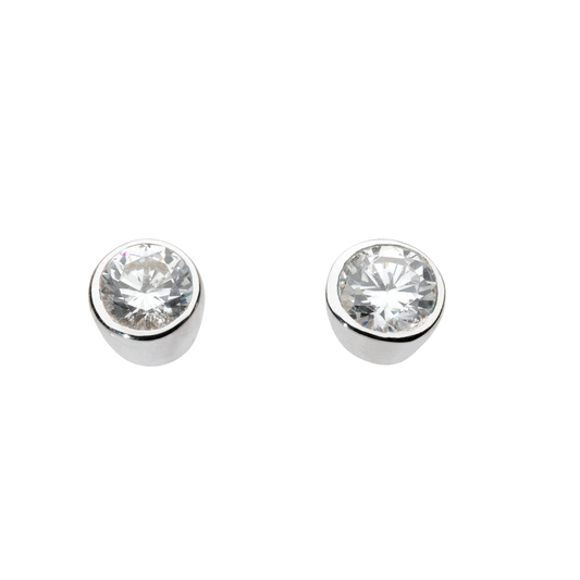 Pair of silver stud earrings with clear gemstones on a white background