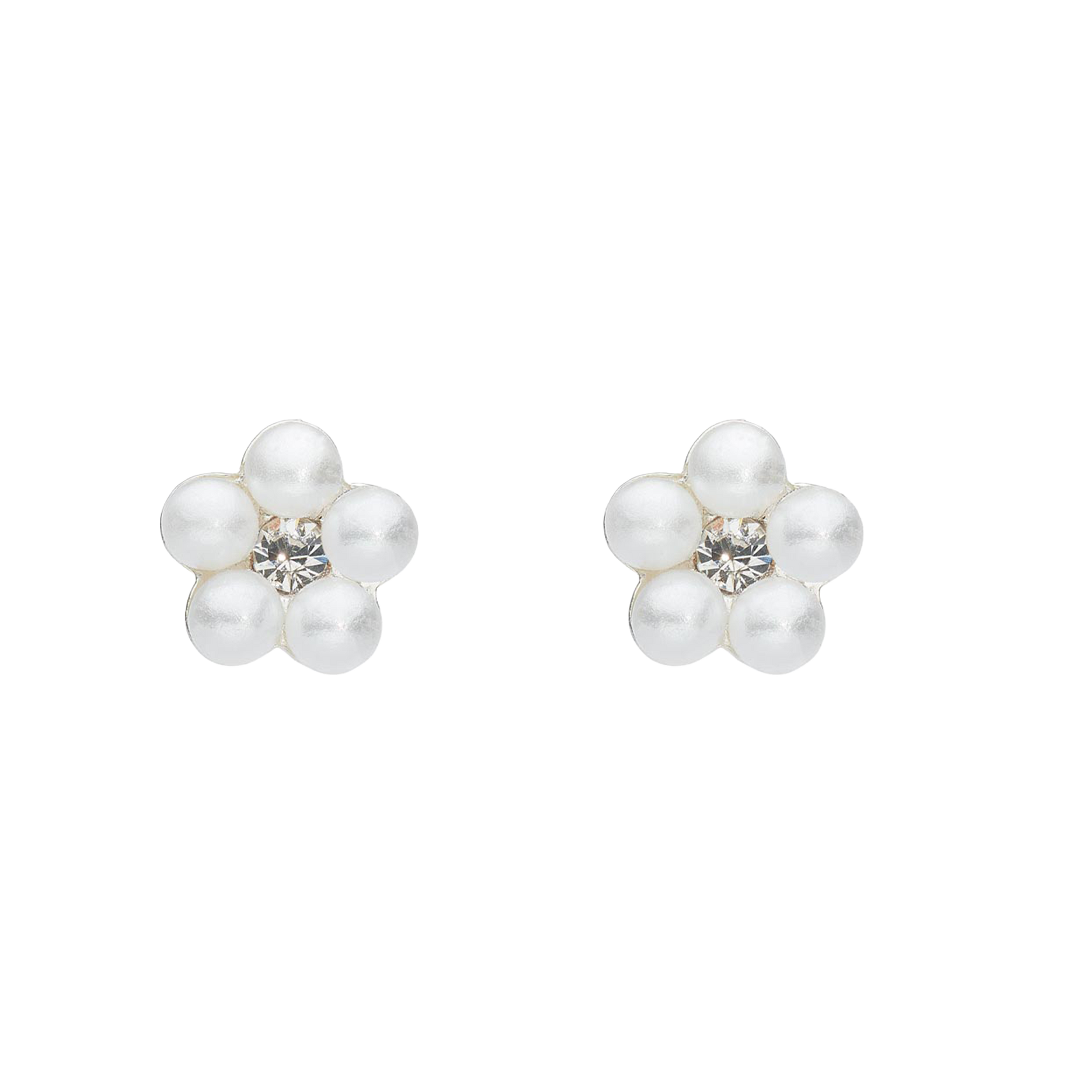Pair of pearl earrings with a central gemstone on a white background