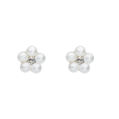Pair of pearl earrings with a central gemstone on a white background