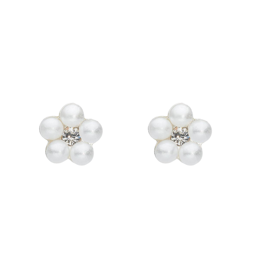 Pair of pearl earrings with a central gemstone on a white background