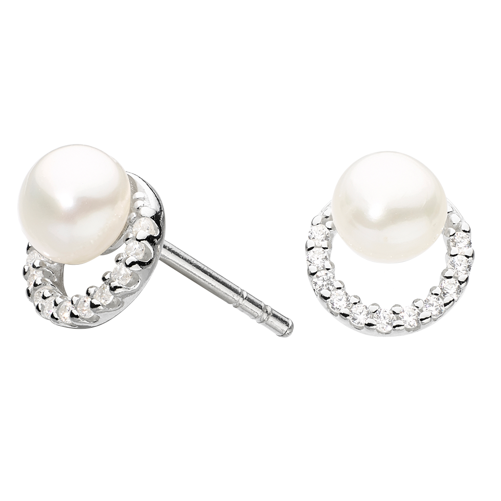 Pearl stud earrings with silver circular designs on a white background