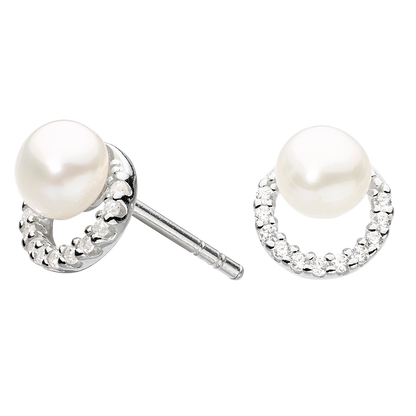 Pearl stud earrings with silver circular designs on a white background
