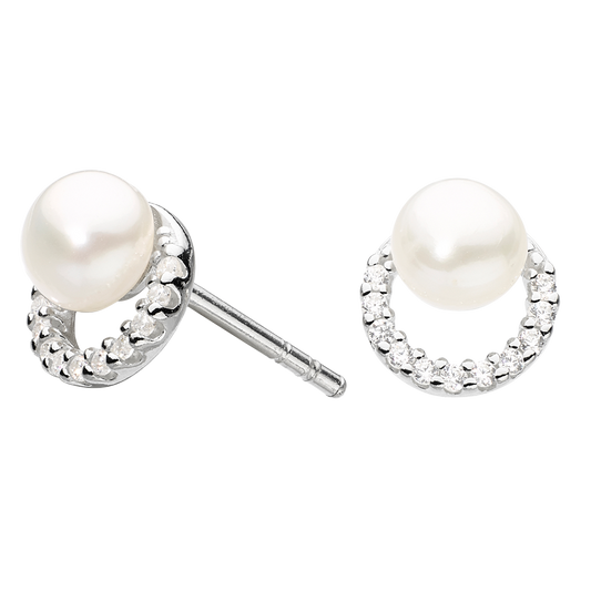 Pearl stud earrings with silver circular designs on a white background