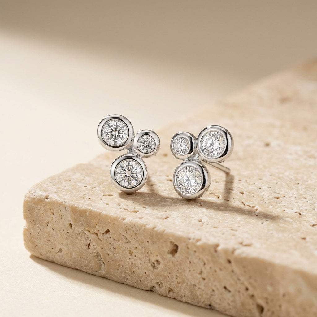 Scattered Round Cubic Zirconia Silver Stud Earrings