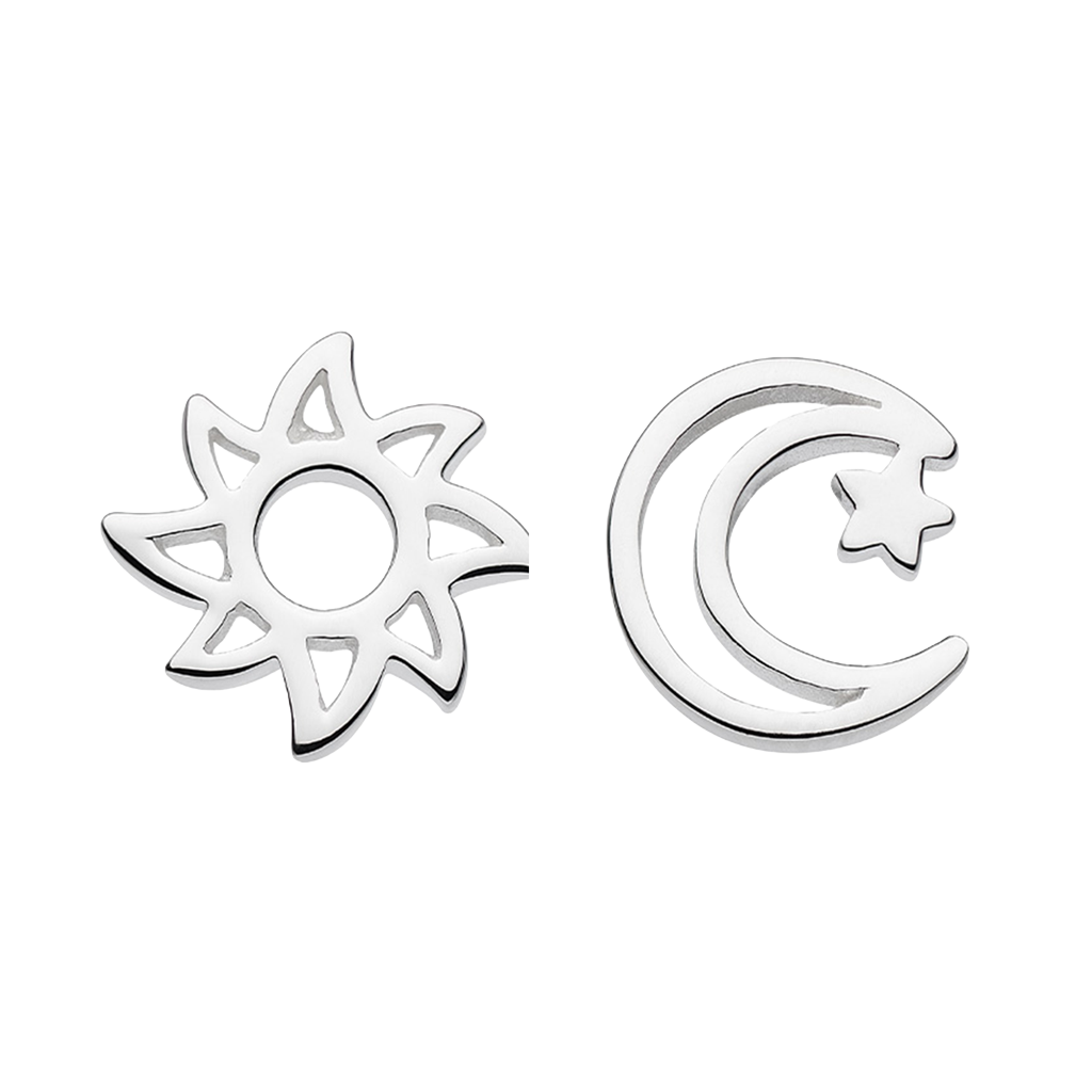 Sun, Moon & Star Silver Stud Earrings on a white background