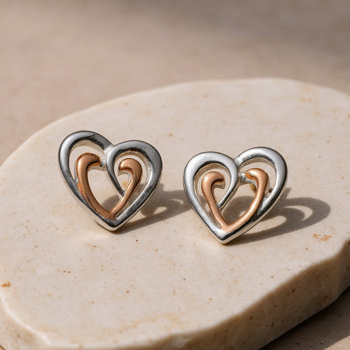 Amena Rose Gold Plate Double Heart Stud Earrings