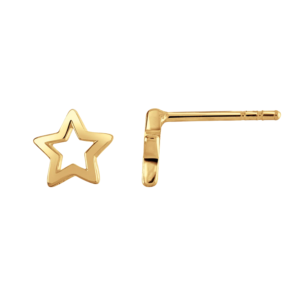 Golden Gold Plate Petite Open Star Stud Earrings on a transparent background