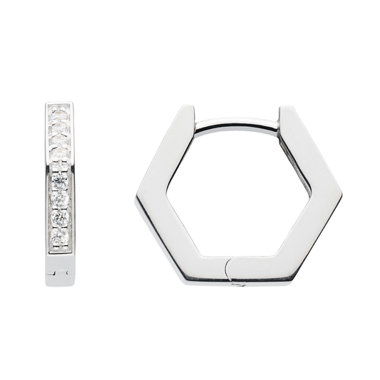 Silver hexagonal hoop earring on a white background