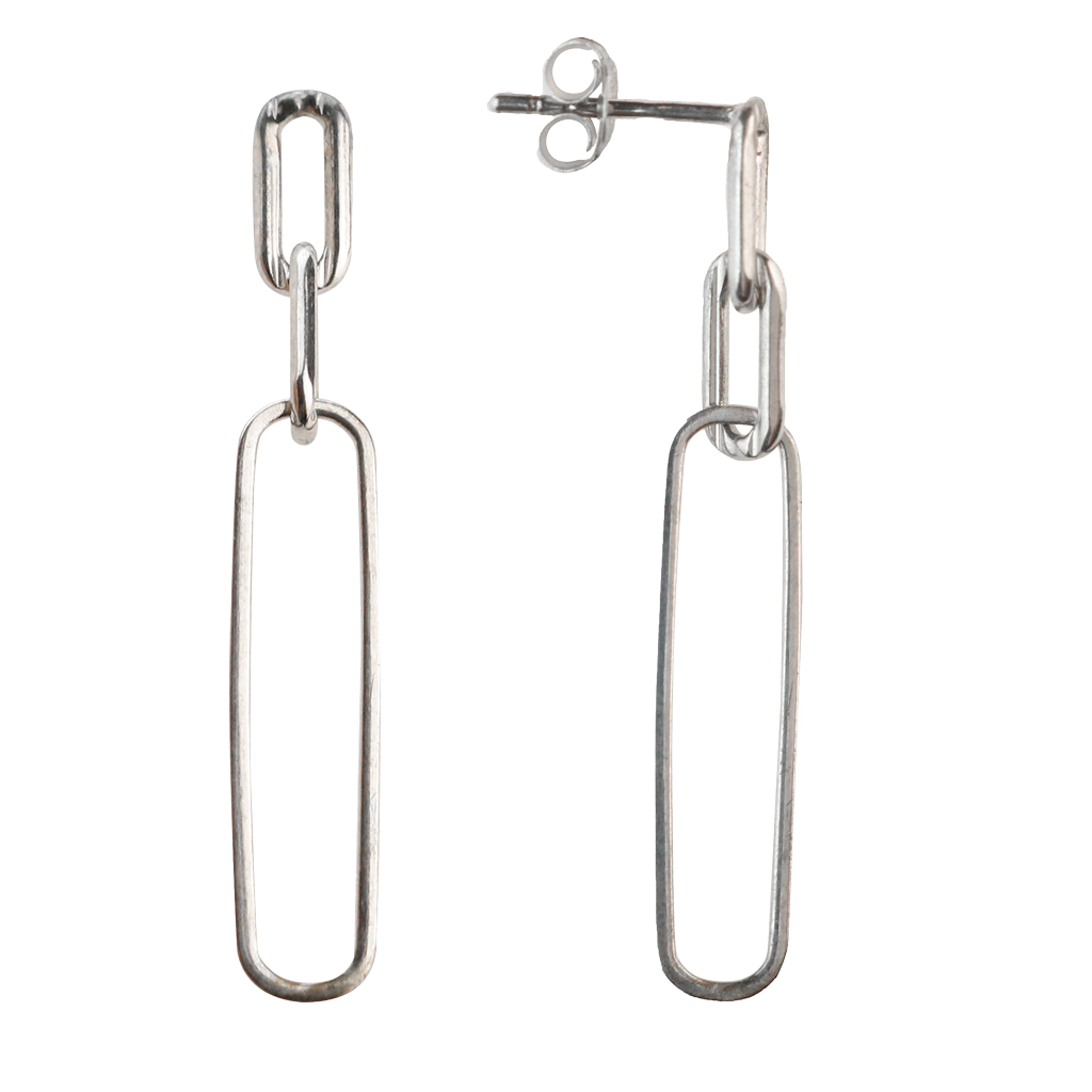 Silver chain-link earrings on a white background