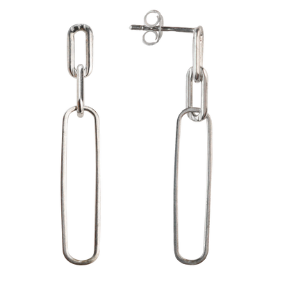 Silver chain-link earrings on a white background