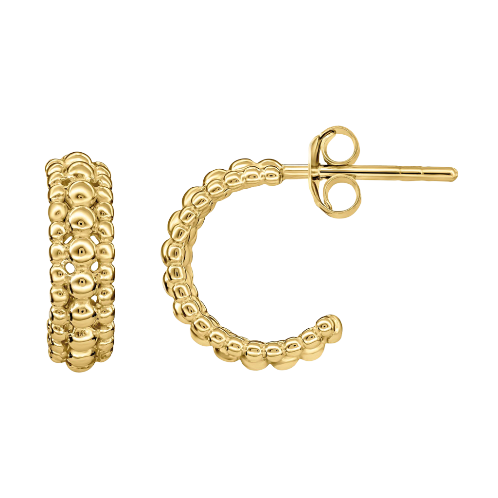 Gold Plate 13mm Triple Beaded Stud Hoop Earrings . on a white background