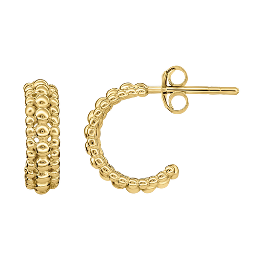 Gold Plate 13mm Triple Beaded Stud Hoop Earrings . on a white background