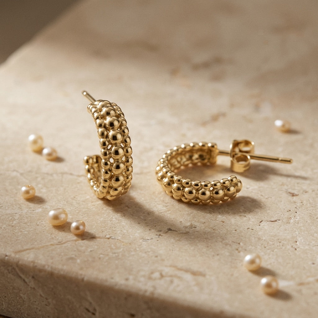 Gold Plate 13mm Triple Beaded Stud Hoop Earrings on a textured beige surface with scattered pearls.
