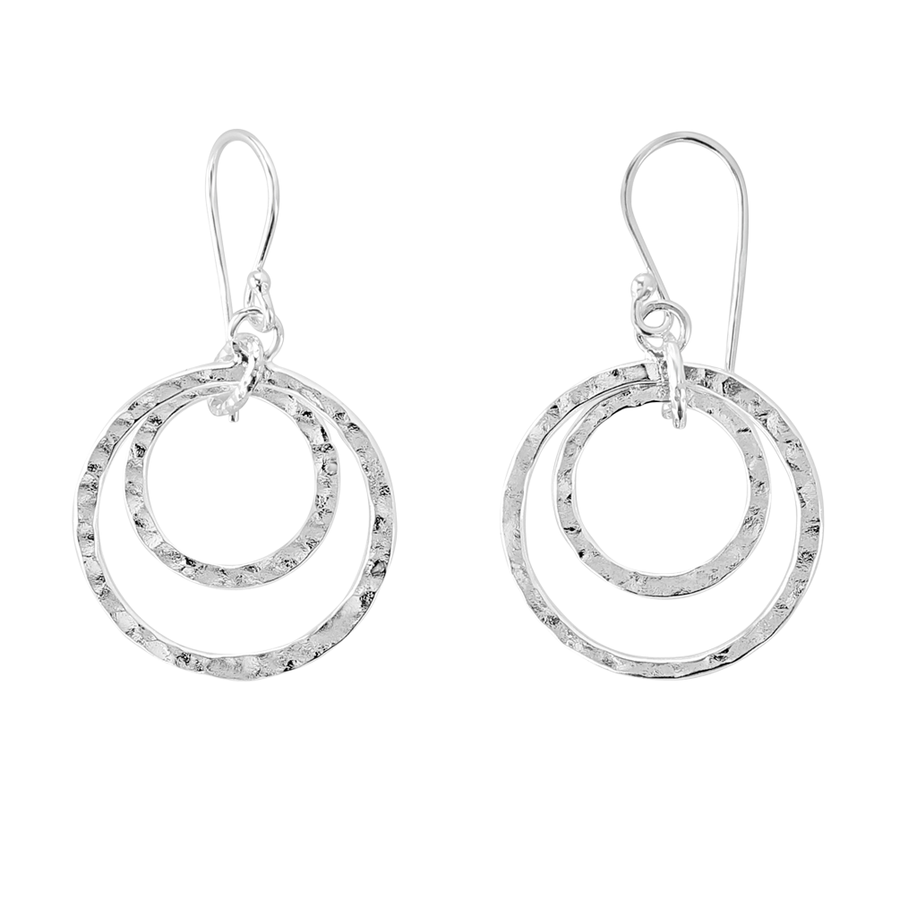 Double Hammered Circle Drop Earrings on a white background