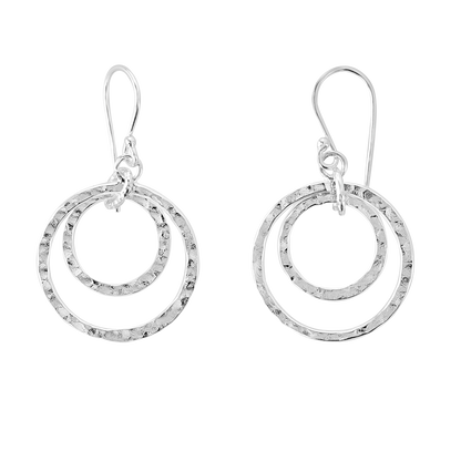 Double Hammered Circle Drop Earrings on a white background
