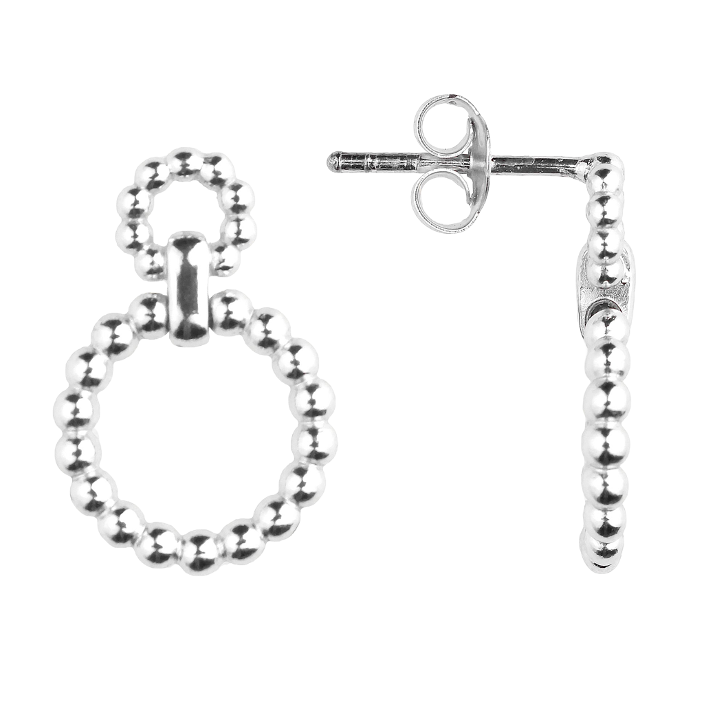 Silver Beaded Circle Link Drop Earrings on a white background