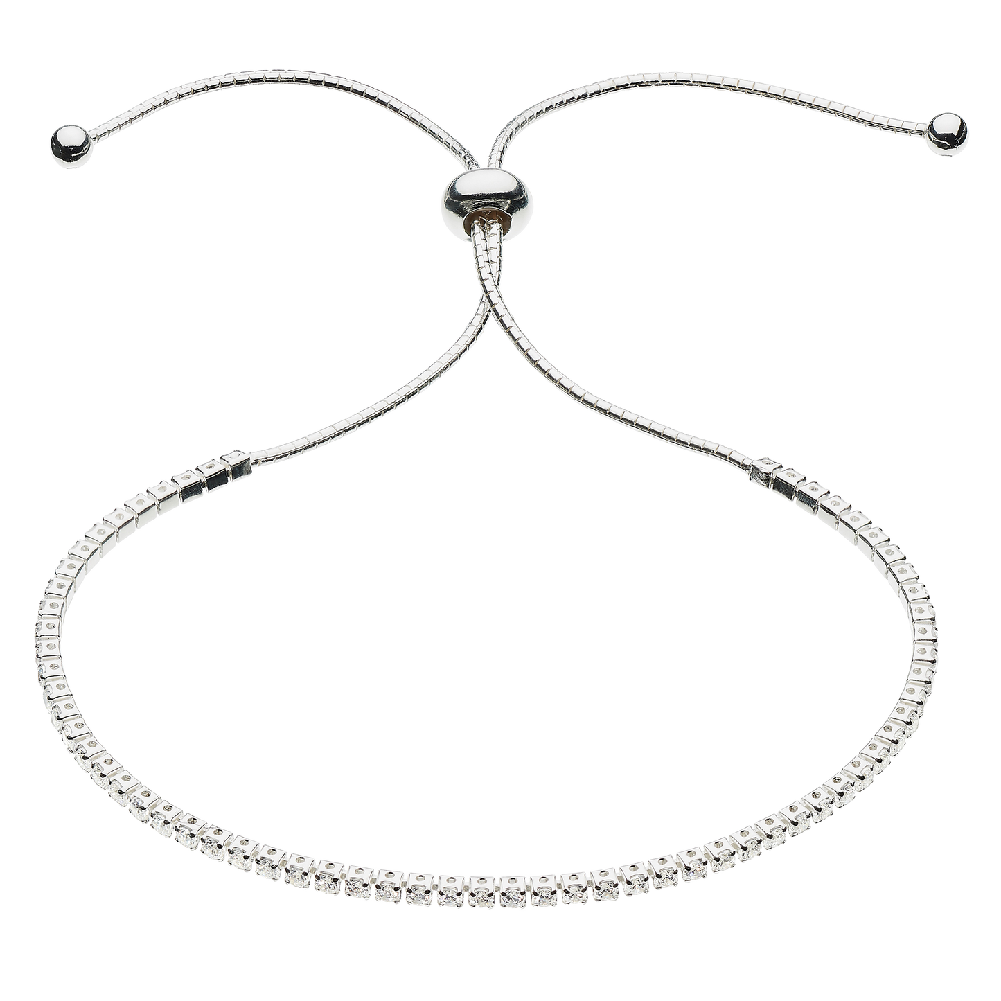 Silver necklace with clear stones on a white background