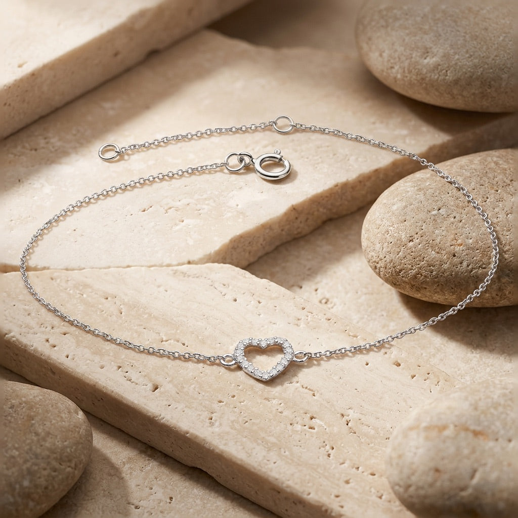 Open Heart Cubic Zirconia Bracelet on pebbles