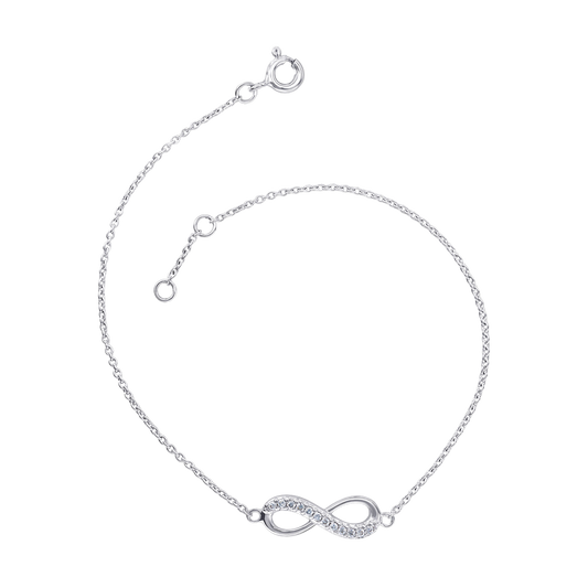 Cubic Zirconia Infinity 8” Silver Bracelet on a white background