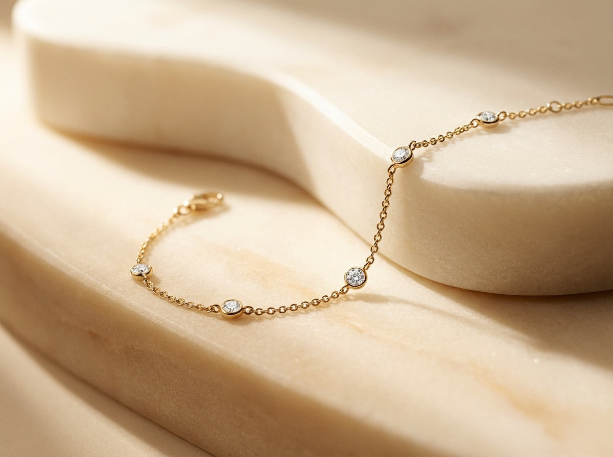 Golden Cubic Zirconia Gold Plate Station Chain Bracelet