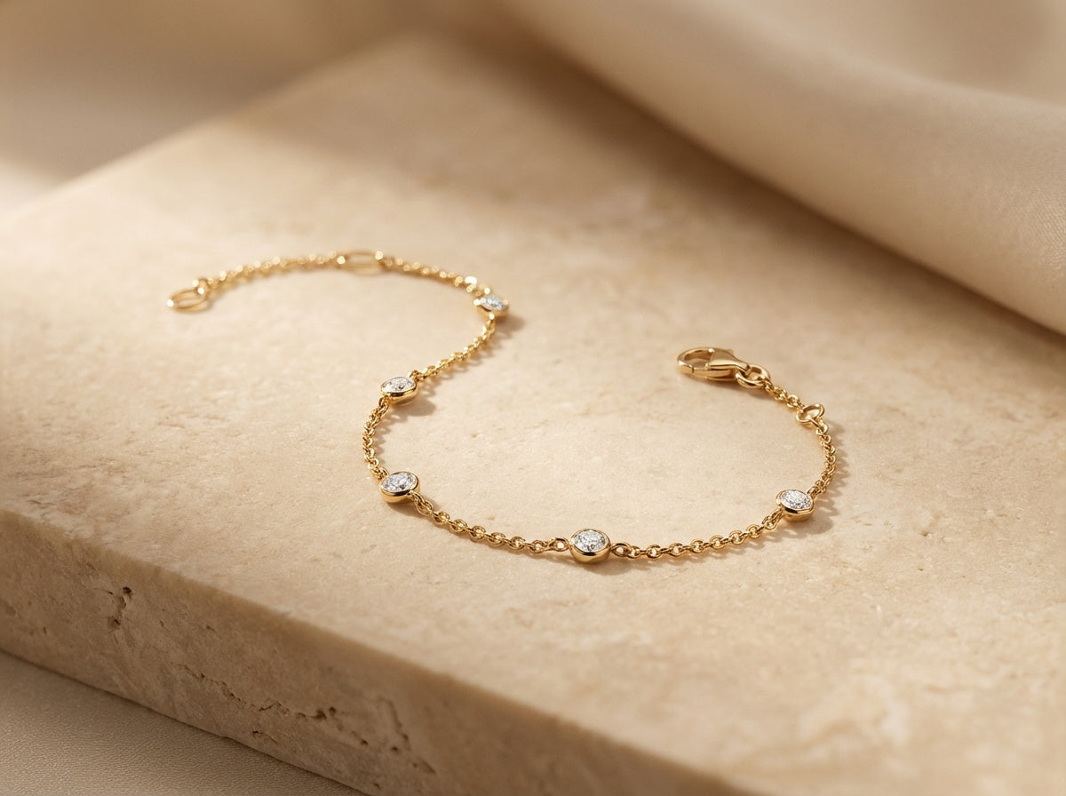 Golden Cubic Zirconia Gold Plate Station Chain Bracelet