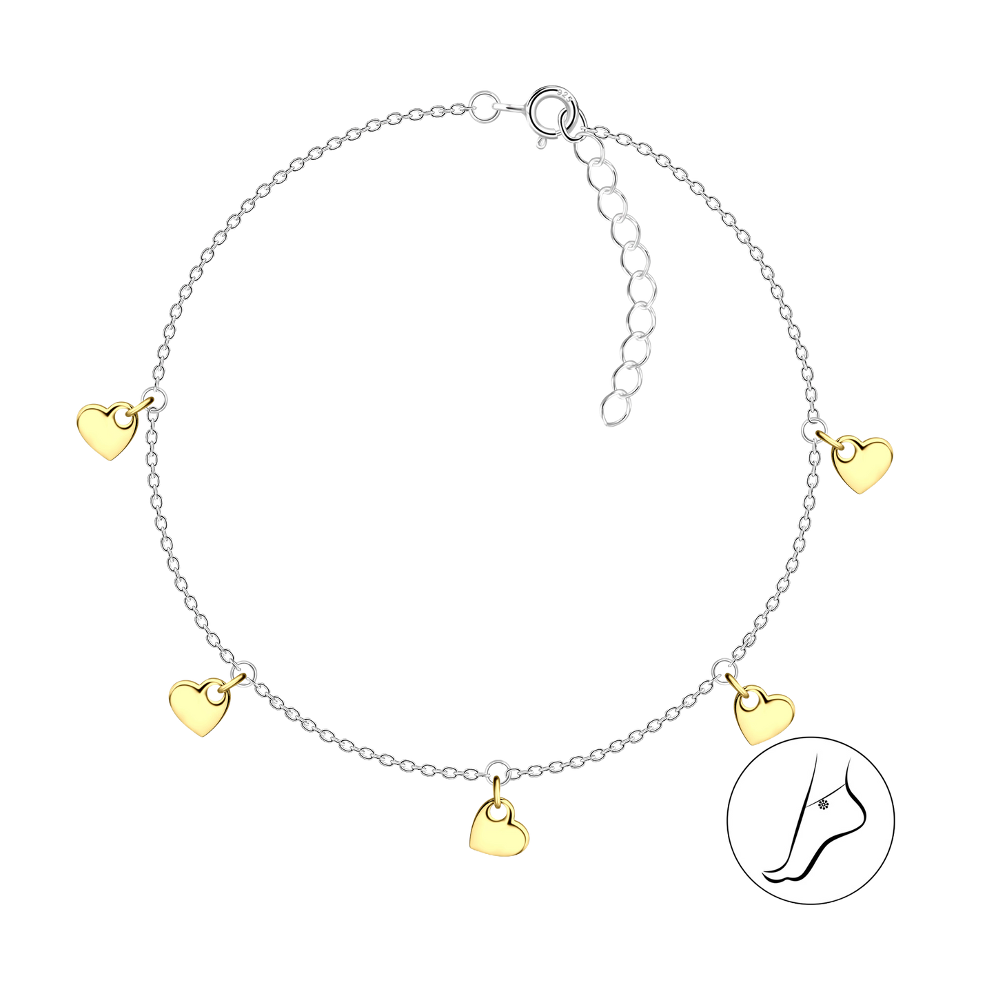 Silver anklet with gold heart charms on a white background