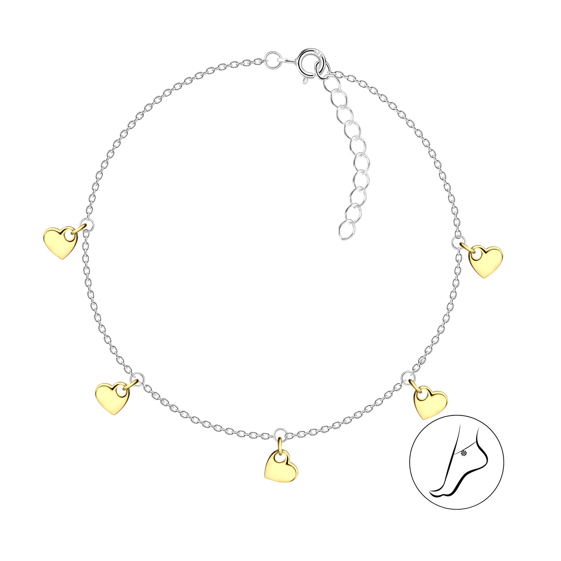 Silver anklet with gold heart charms on a white background