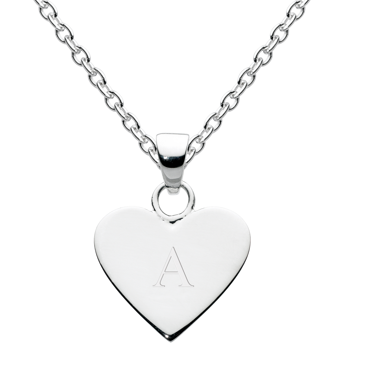 Silver heart-shaped pendant with an engraved letter 'A' on a white background