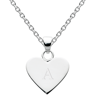 Silver heart-shaped pendant with an engraved letter 'A' on a white background