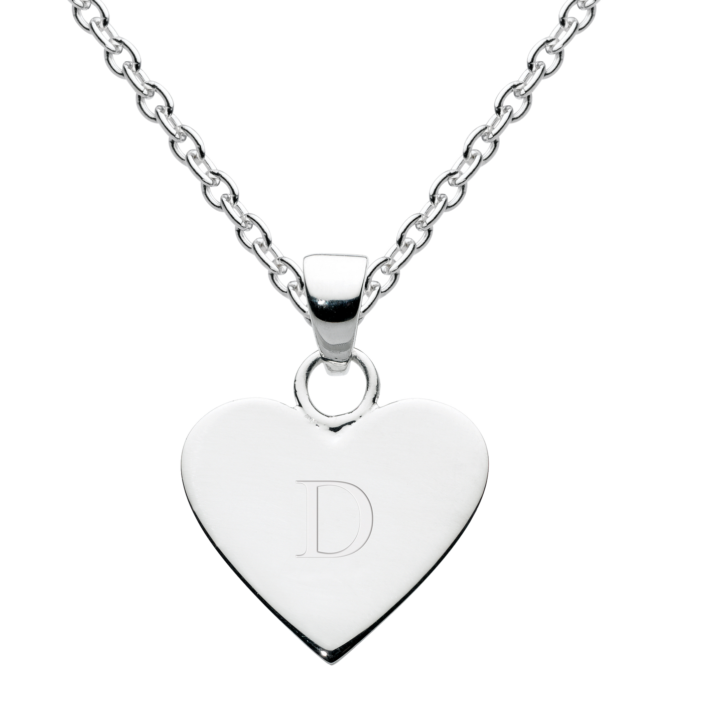 Silver heart-shaped necklace with an engraved letter 'D' on a white background