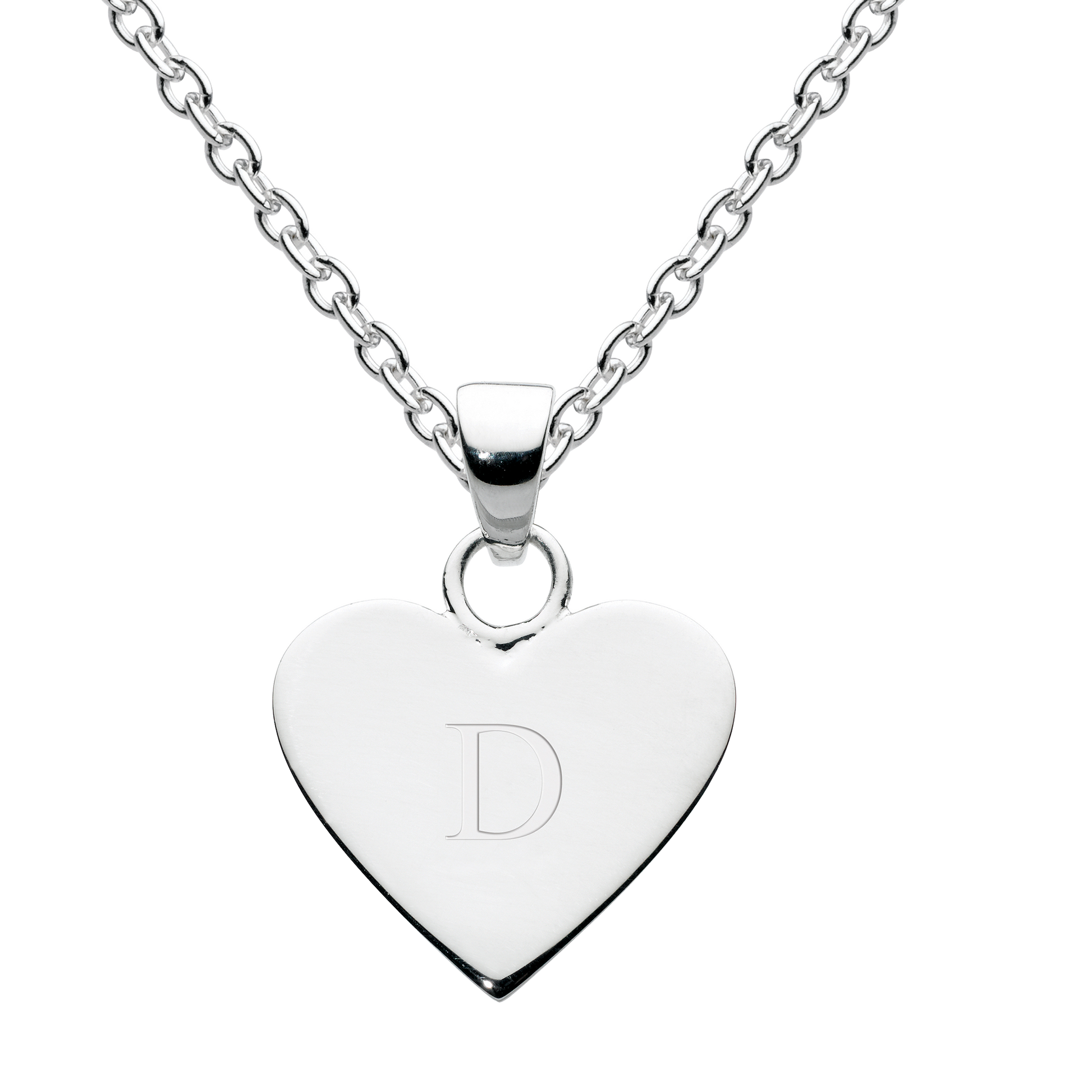 Silver heart-shaped necklace with an engraved letter 'D' on a white background
