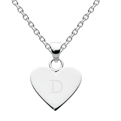 Silver heart-shaped necklace with an engraved letter 'D' on a white background