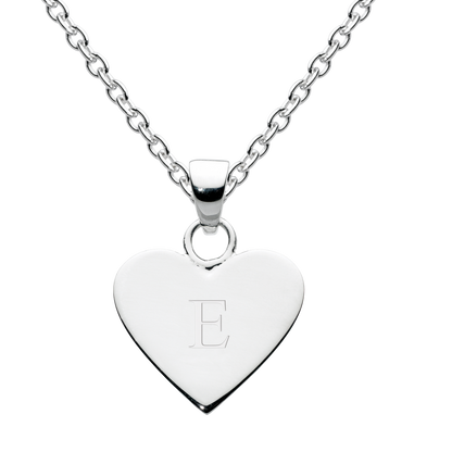 Silver heart-shaped necklace with an engraved letter 'E' on a white background