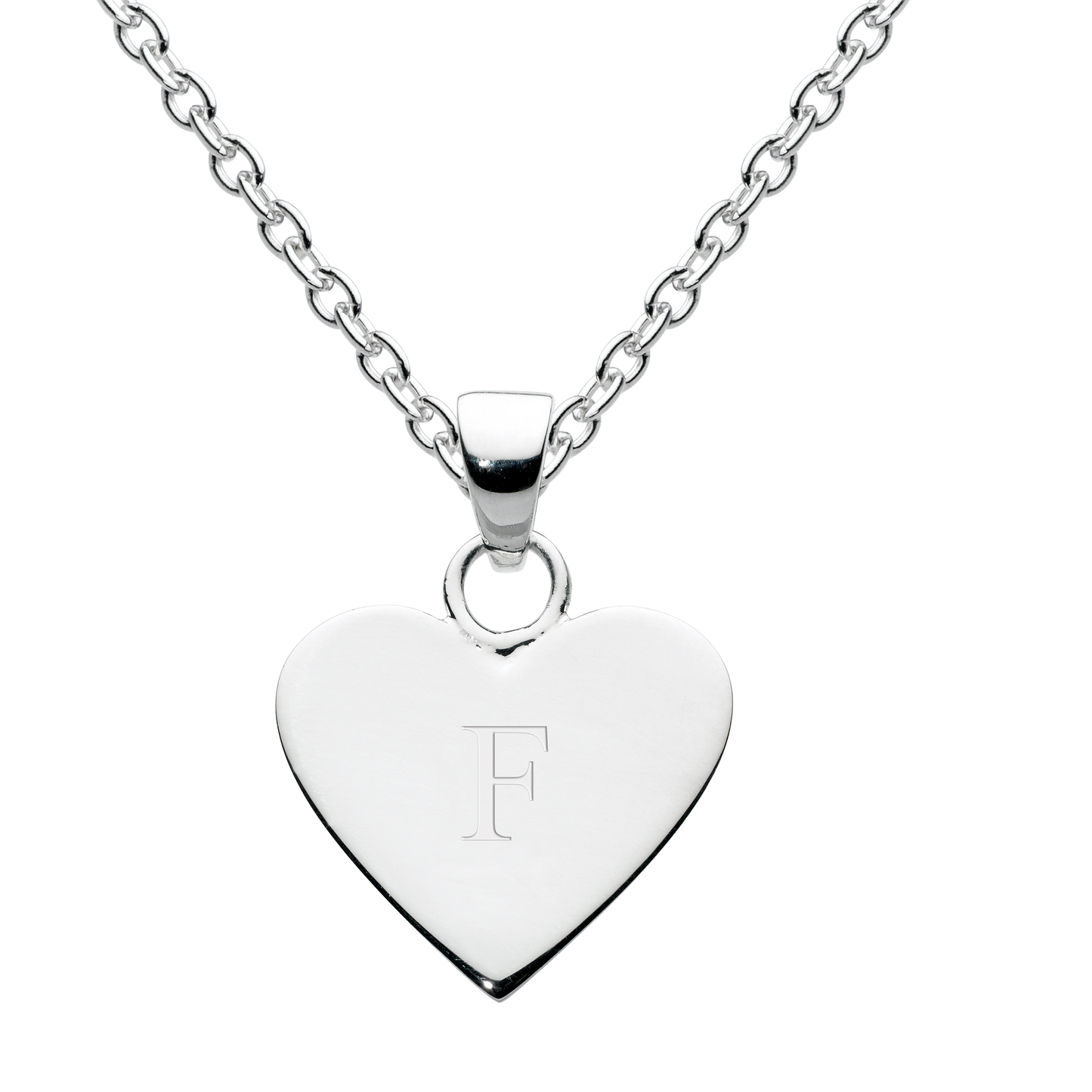 Silver heart-shaped pendant with an engraved letter 'F' on a white background