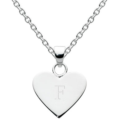 Silver heart-shaped pendant with an engraved letter 'F' on a white background