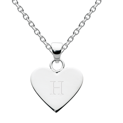 Silver heart-shaped pendant with engraved letter 'H' on a white background