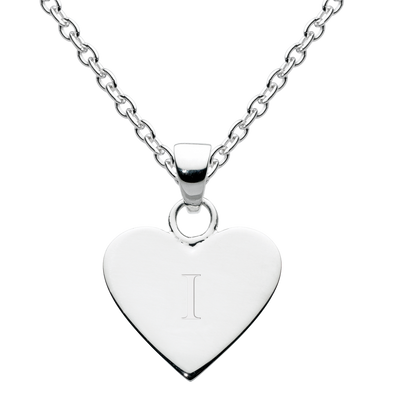 Silver heart-shaped pendant with engraved letter 'I' on a white background